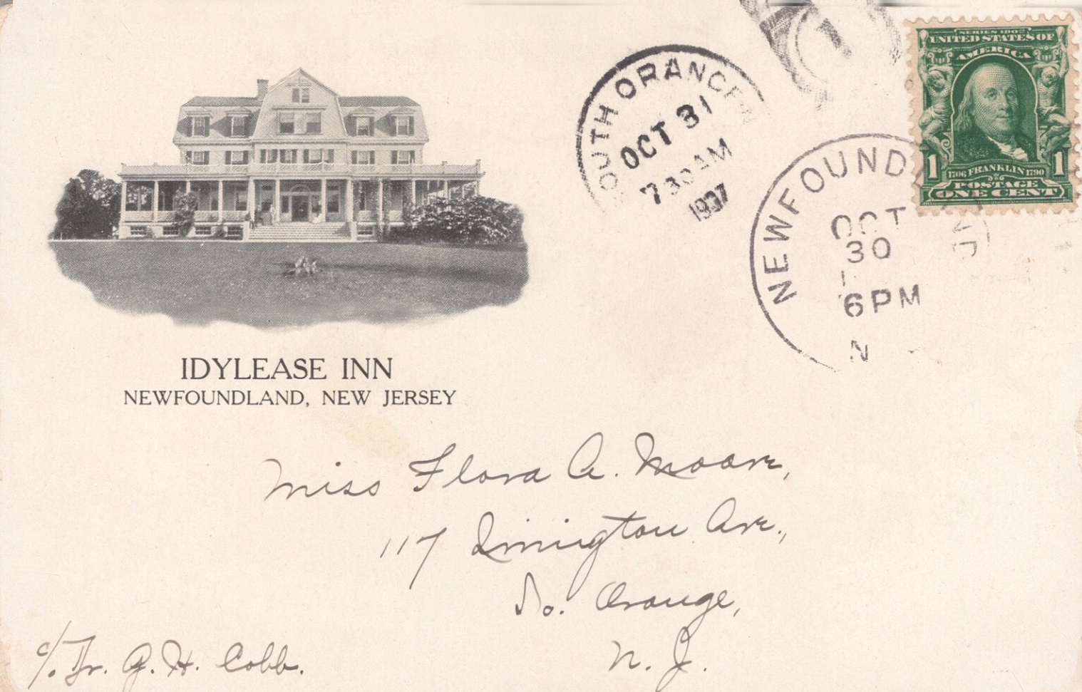 Early Idylease Inn postcard with a small printed view of the hotel
