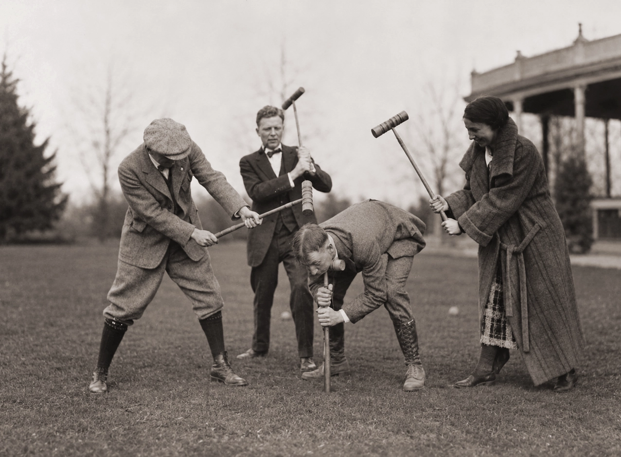Guests playing croquet on the front lawn at Idylease