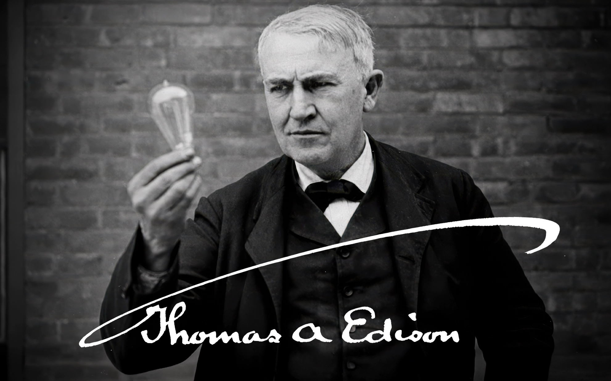 Thomas Edison holding an electric light bulb