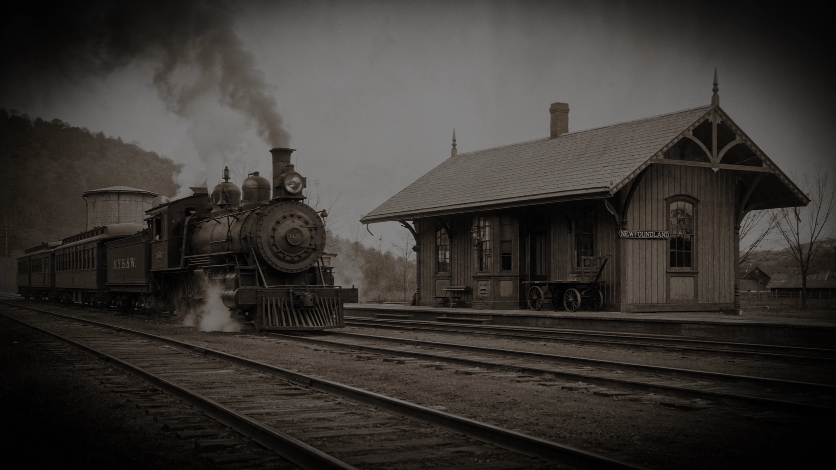 Newfoundland, New Jersey railroad station with a New York, Susquehanna and Western steam locomotive