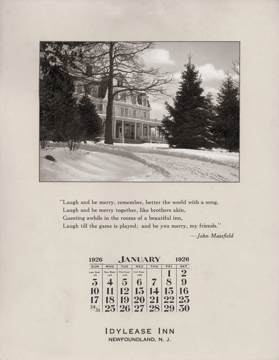 January 1926 Idylease Inn calendar featuring a winter photograph of the inn and a quotation by John Masefield