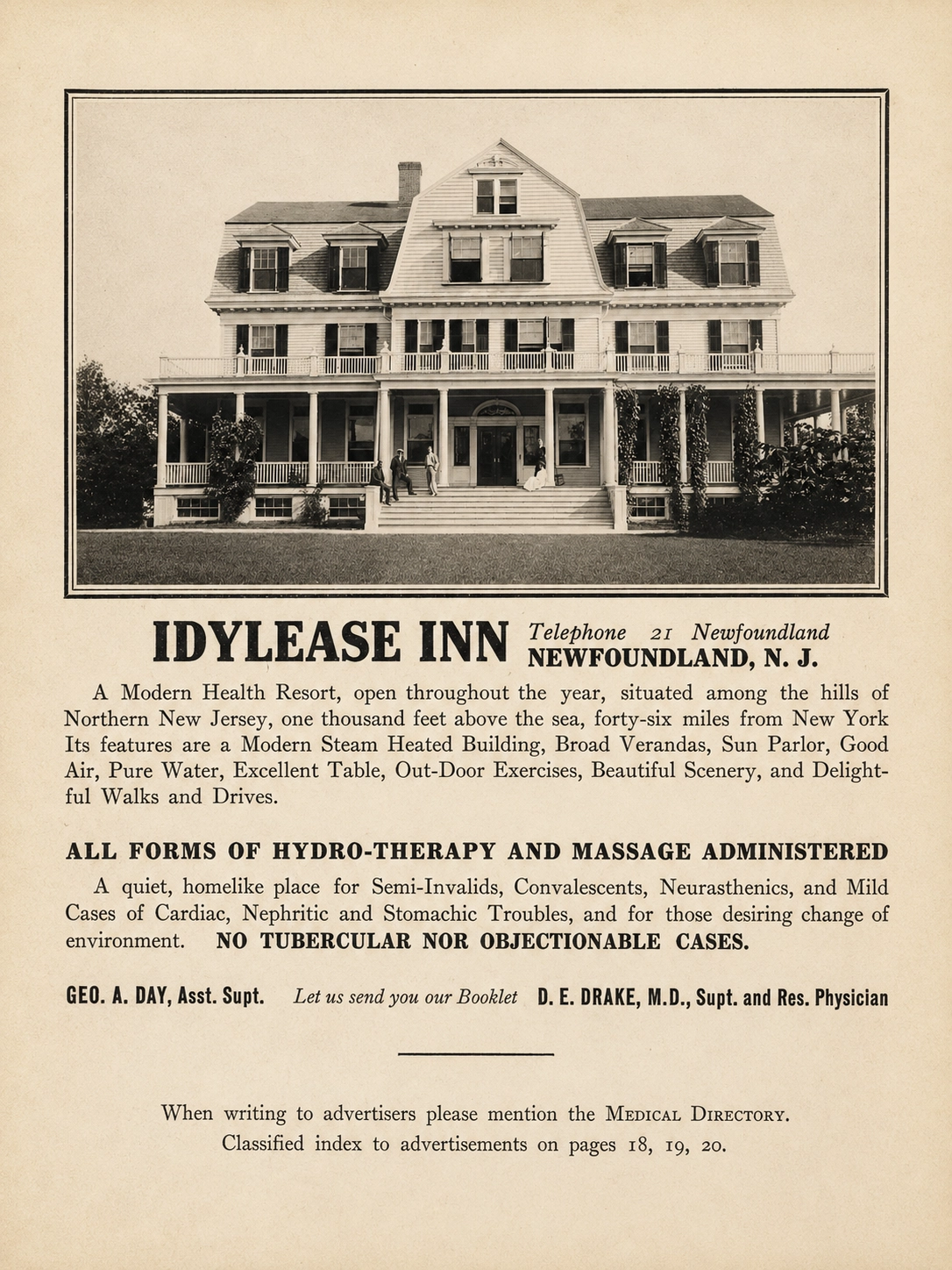 Historic Idylease Inn advertisement page showing the main facade and promotional text for the Newfoundland, New Jersey resort