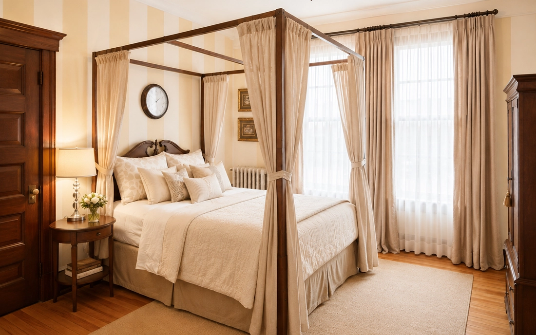 Furnished guest room at Idylease with striped walls and original woodwork