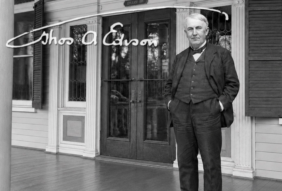Thomas Edison standing on the front porch of Idylease Inn in Newfoundland, New Jersey