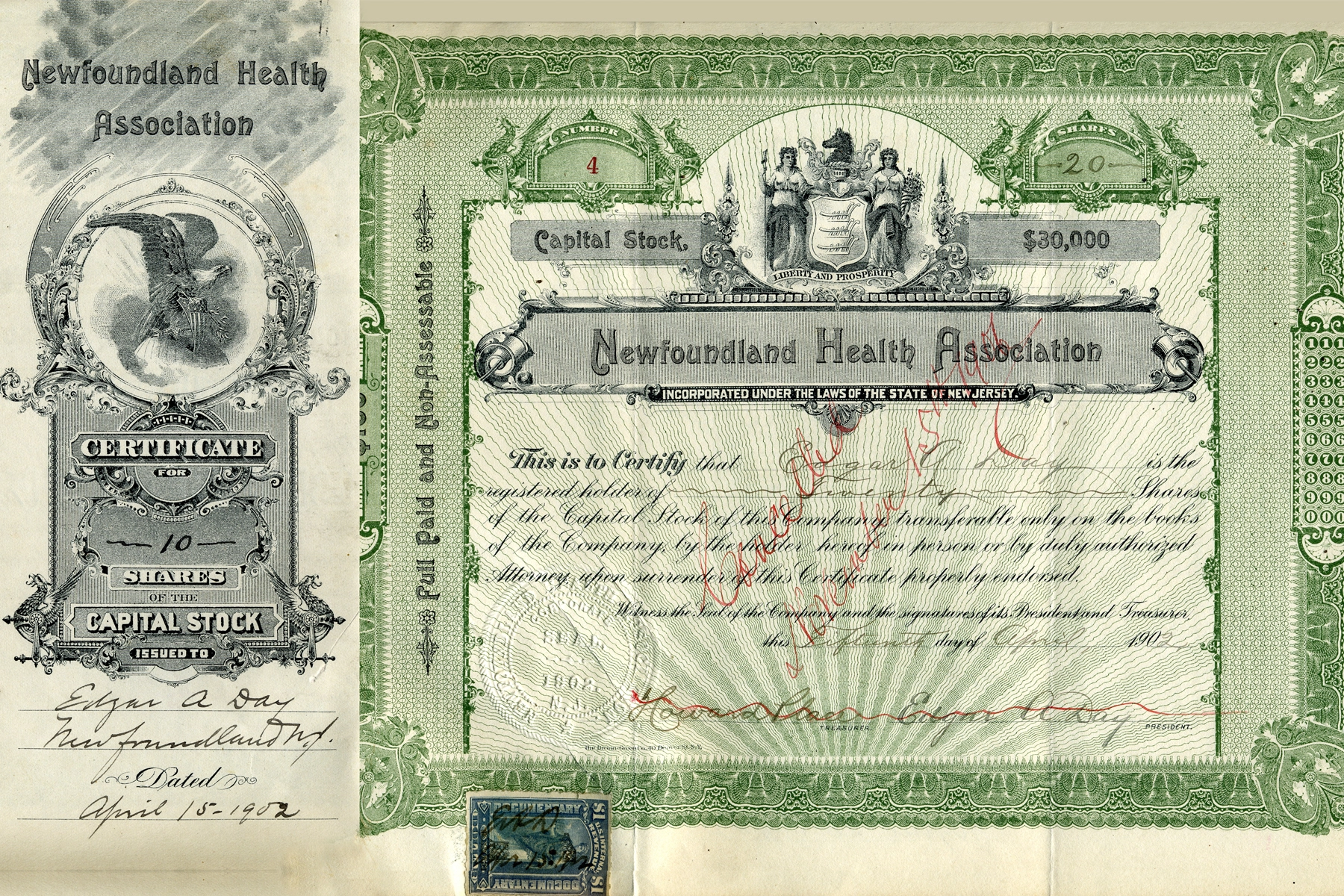 Original Newfoundland Health Association stock certificate issued to Dr. Edgar A. Day