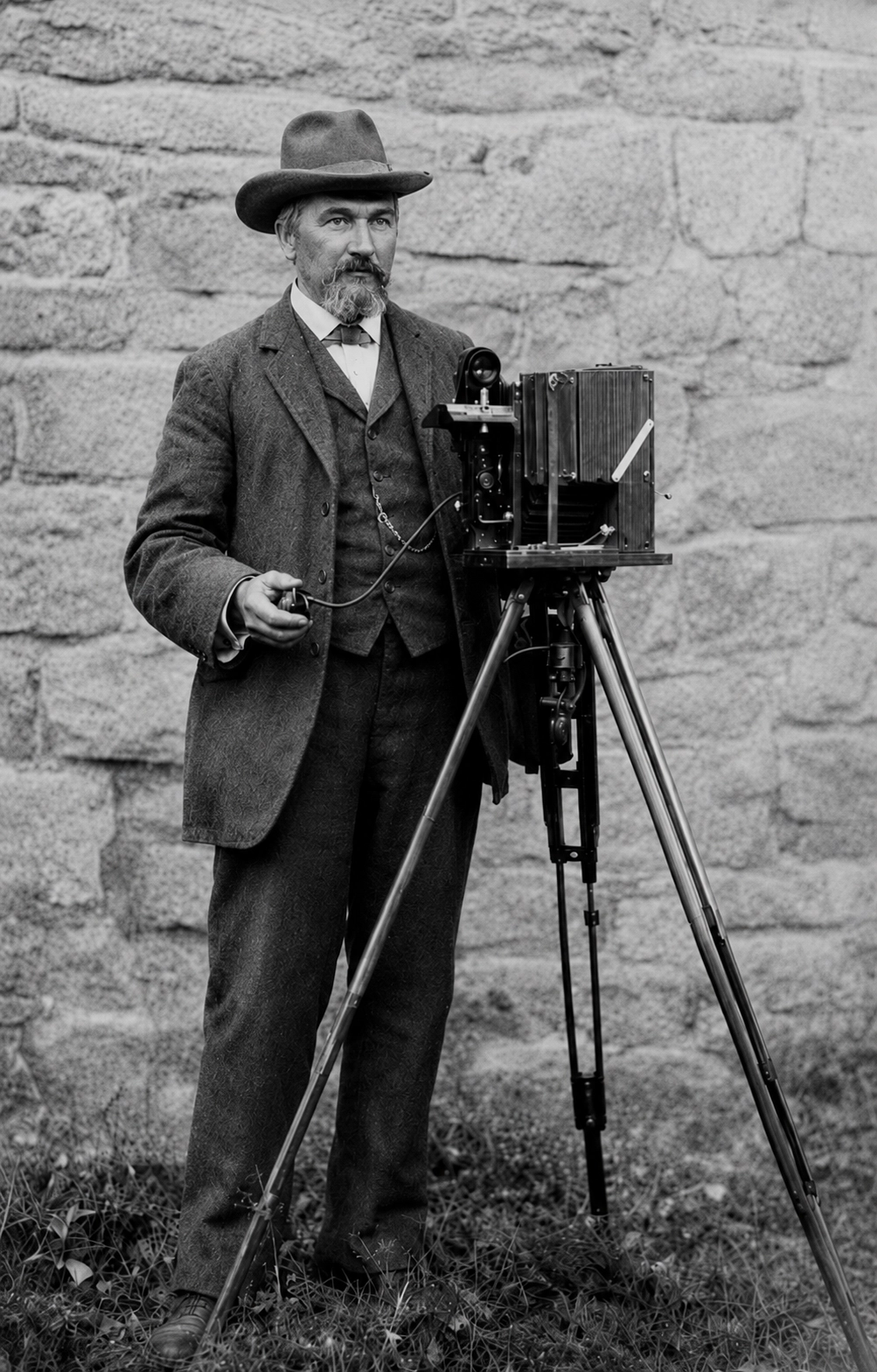 Joseph Percy Crayon with a large-format camera, local historian and genealogist whose work appears in Newfoundland in Word and Picture