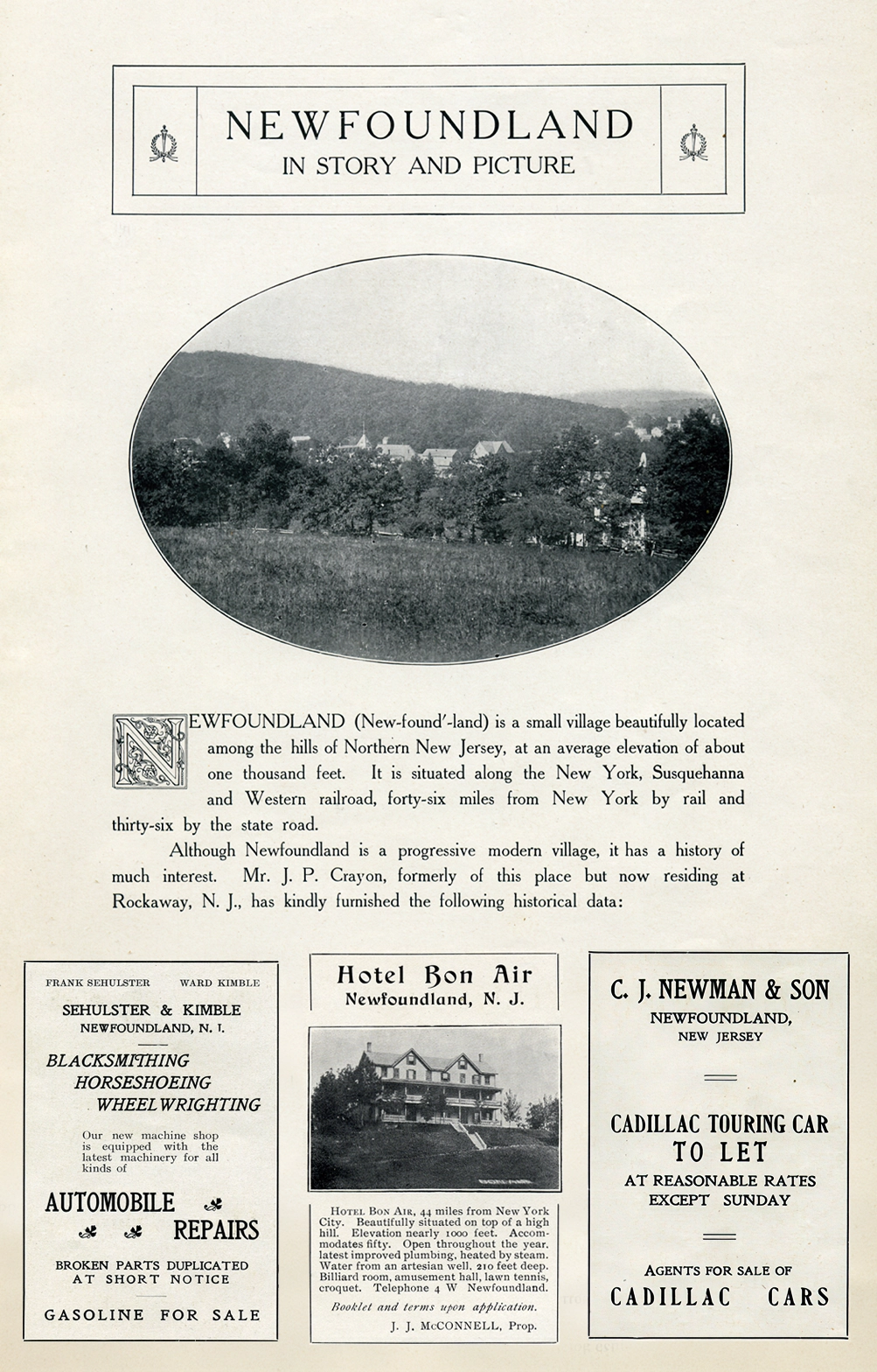 Opening page of Newfoundland in Story and Picture showing an early view of Newfoundland, New Jersey