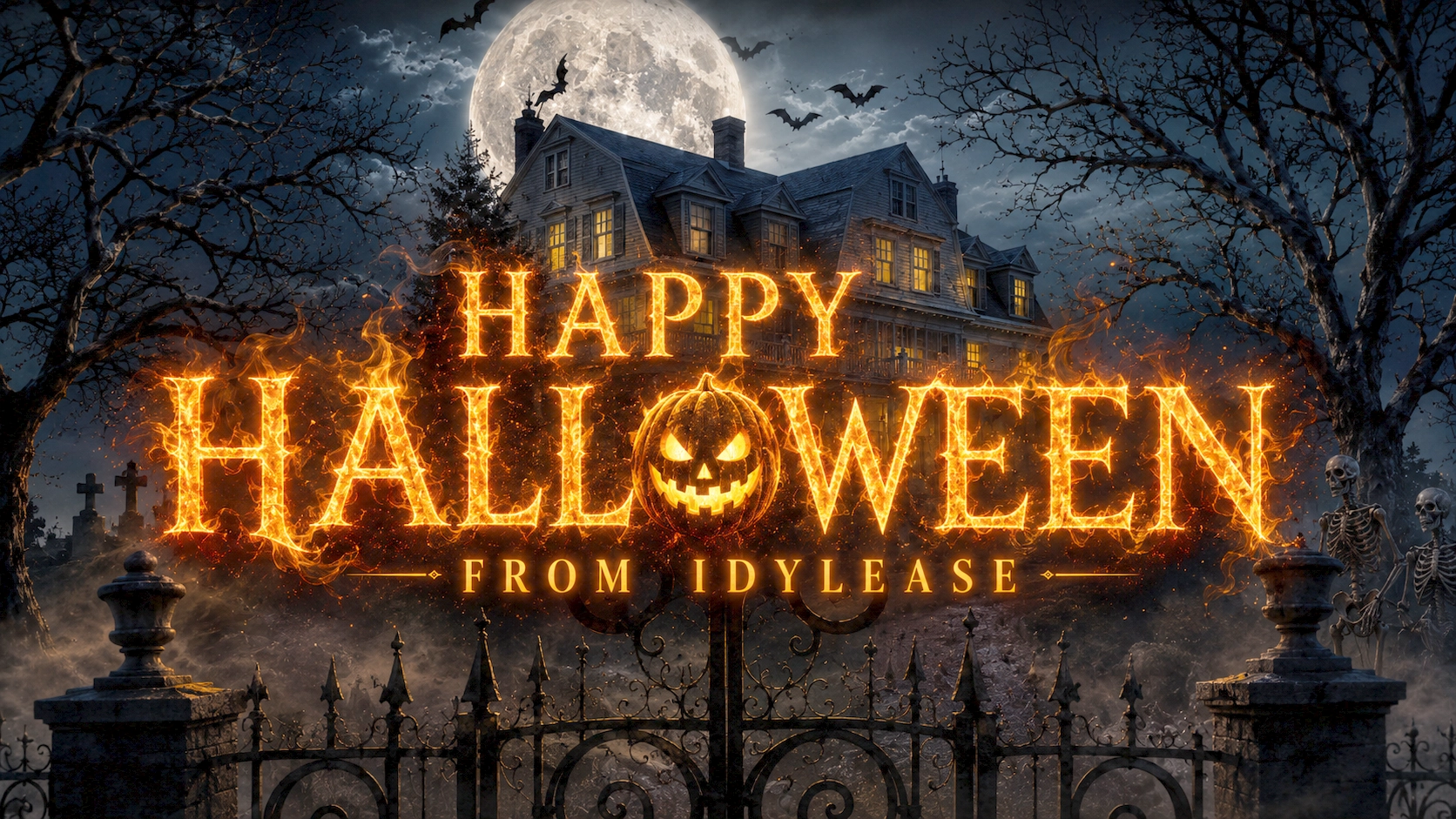 Idylease Halloween video thumbnail with cinematic haunted-house imagery
