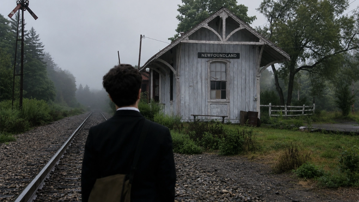 A figure approaching the Newfoundland railroad station in The Station Agent